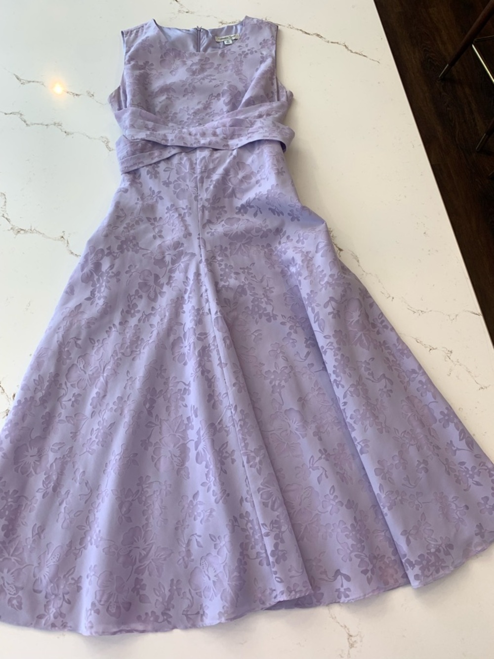 Lavender Dress Size 12 Sleeveless Floral Midi w/ Pleated Waist and Bow - Picture 4 of 14